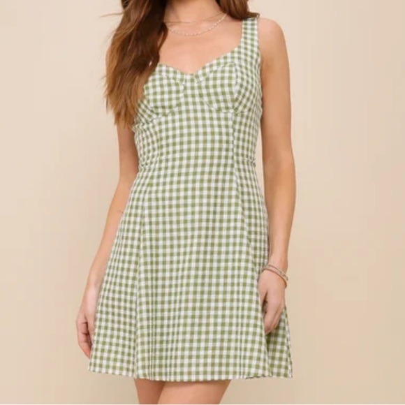 Lulus Pristine Chicness Green Gingham Sleeveless Bustier Mini Dress - Size S - Picture 2 of 5